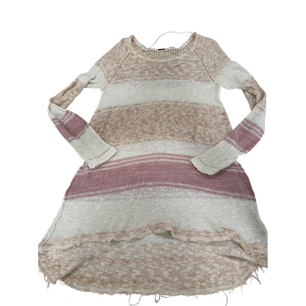 Free People Striped Knit Tunic Sweater Tan Pink High Low Boho Cotton Blend Small